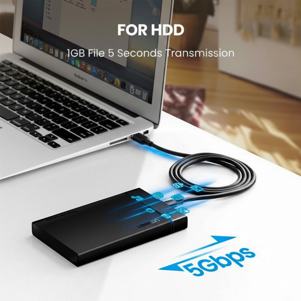 UGreen Type-C to USB 3.0 Cable 1m – Fast Charging 3A, 5Gbps Sync – Black - Image 2