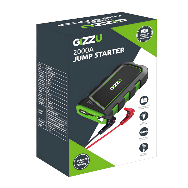 GIZZU 2000A Jump Starter 16000mAh - Black - Image 2