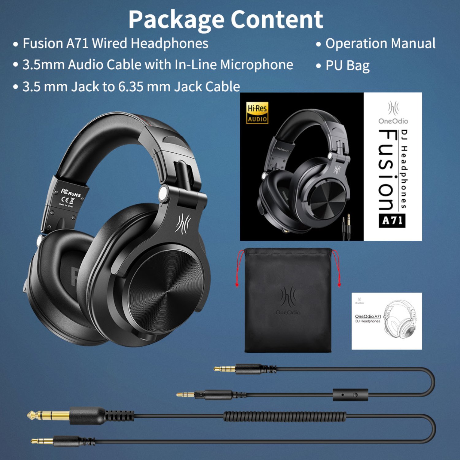 Oneodio Pro A71 Wired Headphones - Black - Image 2