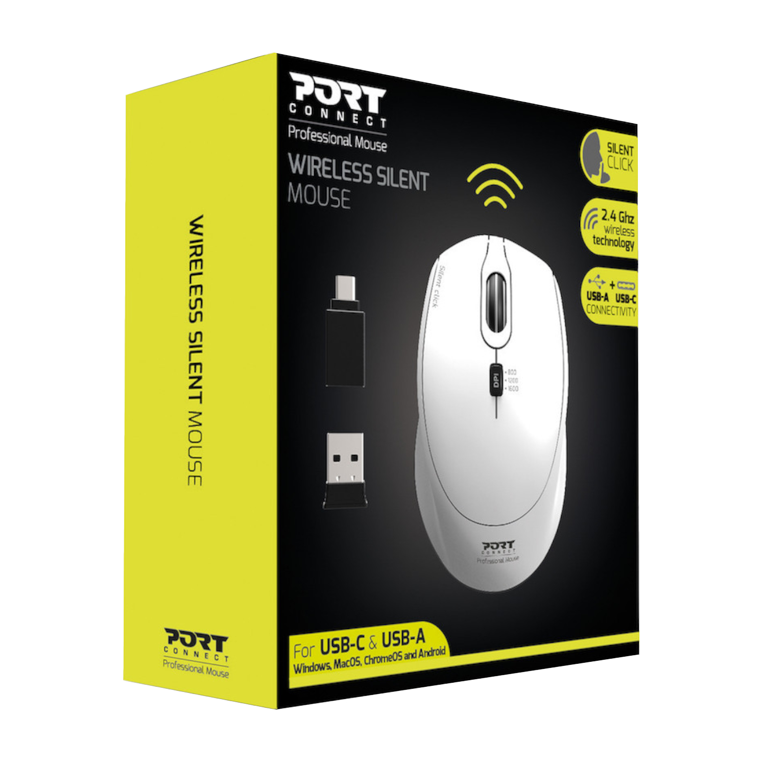 Port Connect Silent 1600DPI 3 Button Wireless Mouse - White - Image 2