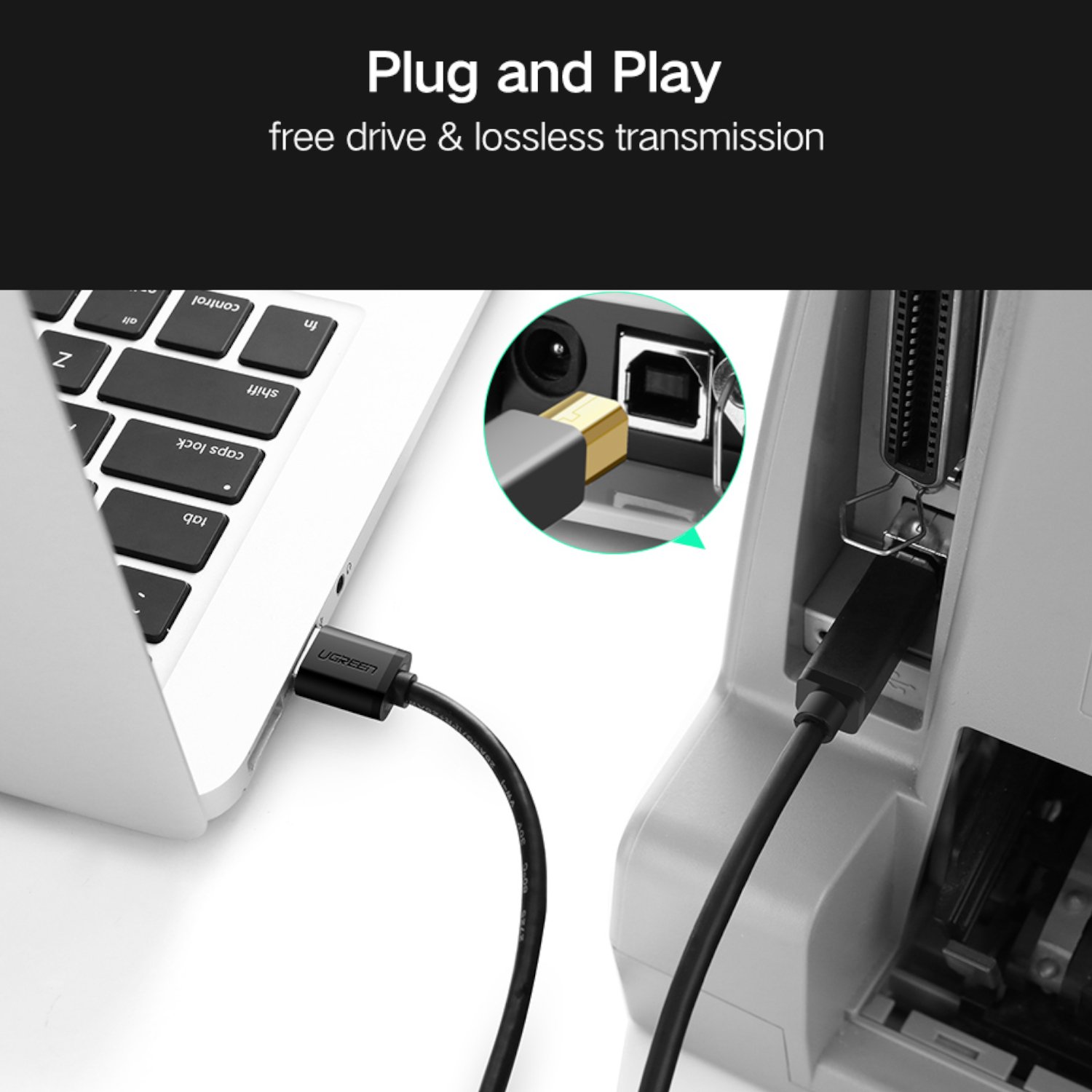 UGreen US210 USB-A Printer Cable 2M - Black - Image 2